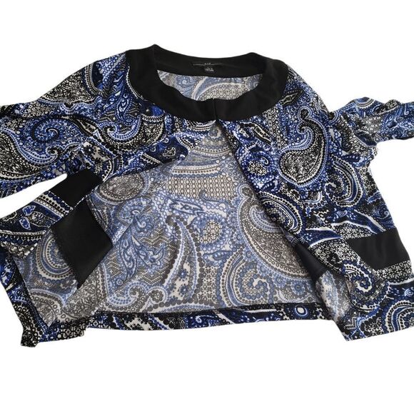 R&K Black Blue Paisley Print Open Cropped Jacket Sz L - Picture 10 of 13